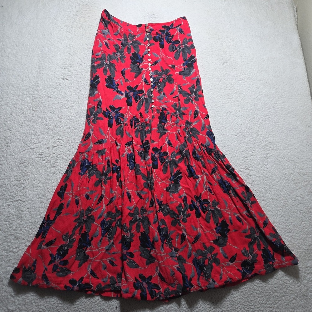 Free People Smooth Sailing Skirt 6 Red Button Maxi Boho Paisley Floral Lined
